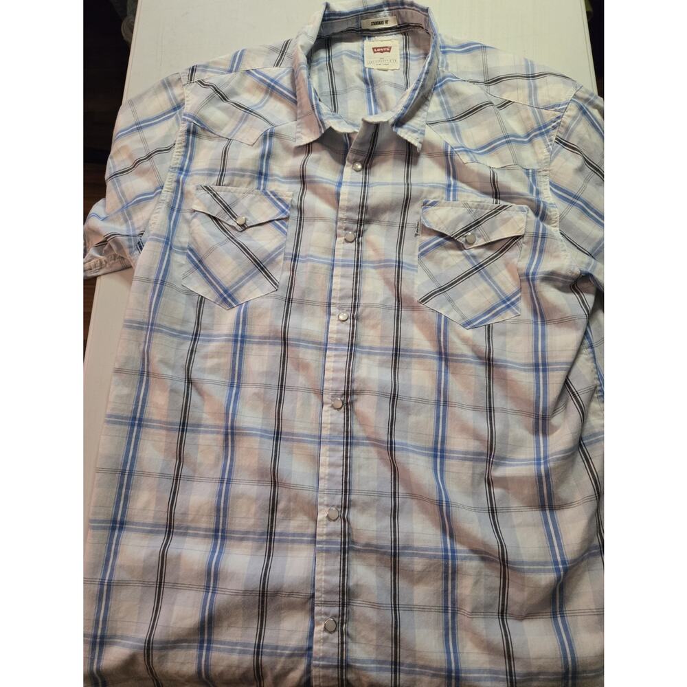 Levi Strauss Mens Size 2XL Short Sleeve Pearl Snap Western Shirt Plaid Blue